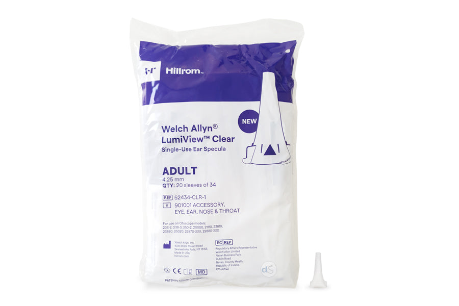 Hillrom - Welch Allyn 4.25mm LumiView clear Disposable ear specula on white background